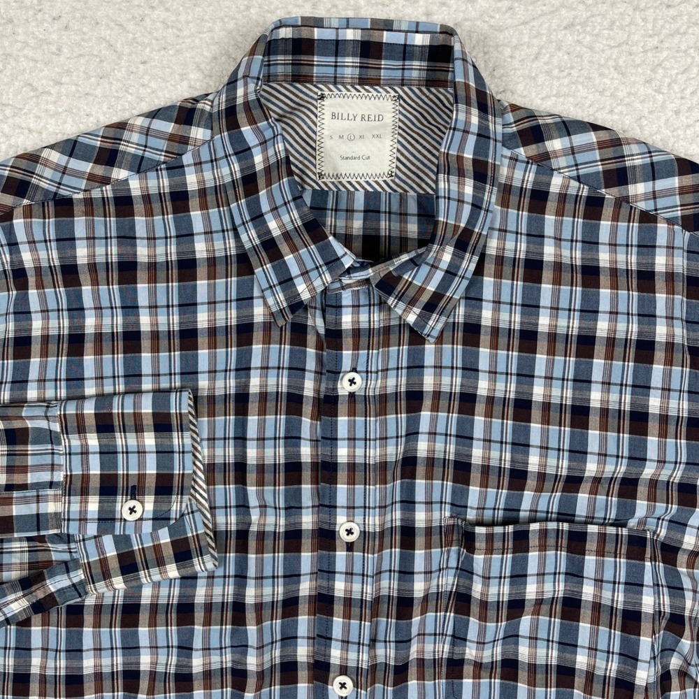 Billy Reid Button Down Shirt Mens Large Blue Brown Plaid Standard Cut Cotton